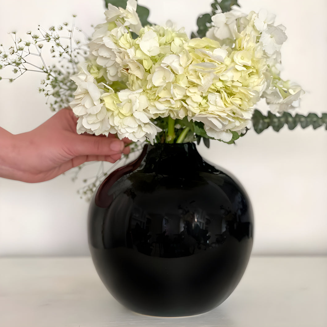 7.5 Inch Round Black Ceramic Vase with Glossy Finish