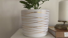 Load and play video in Gallery viewer, 9 Inch Ceramic Plant Pot - Matte White with Gold Stripes

